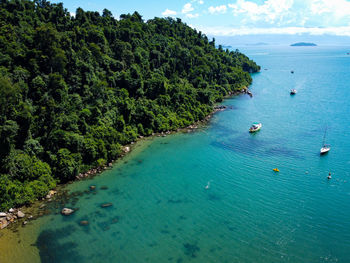 High angle view of bay against clear sky