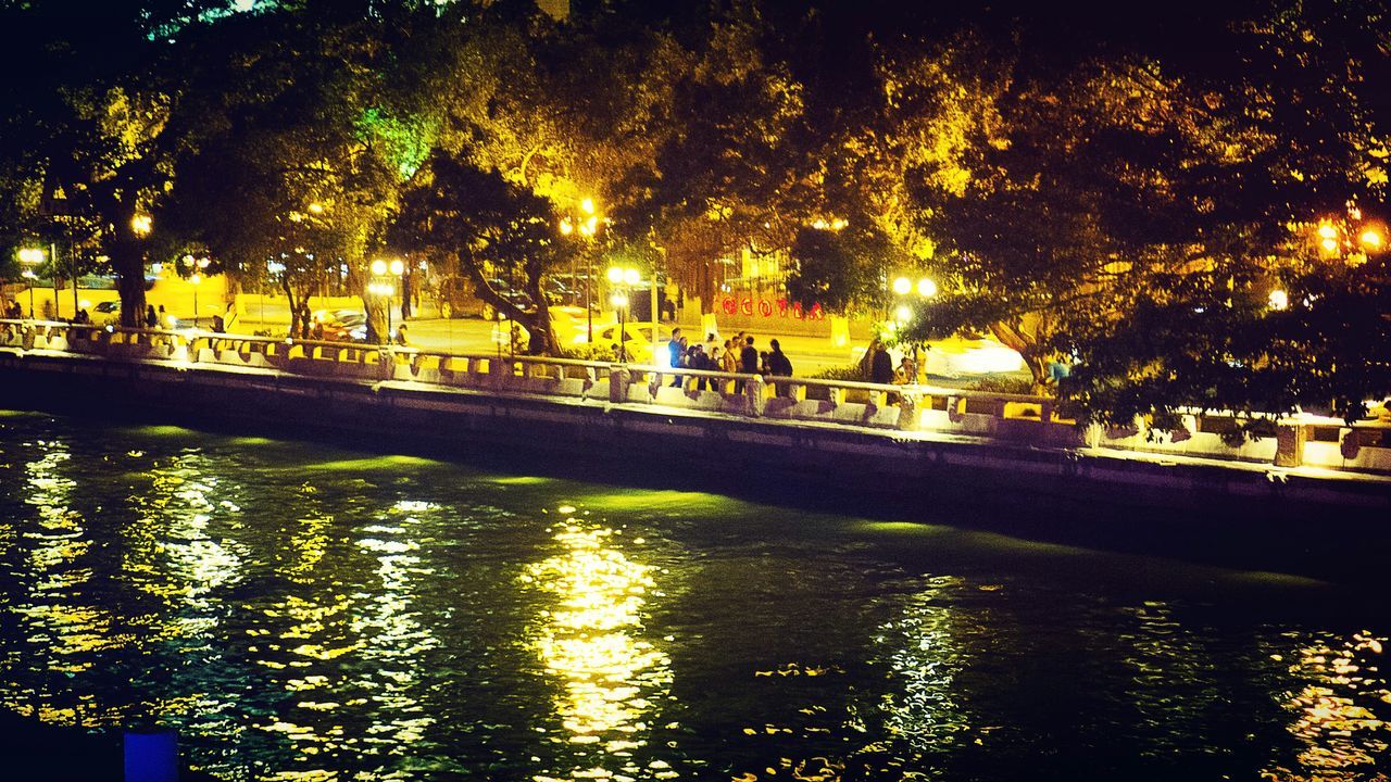 tree, water, illuminated, reflection, bridge - man made structure, night, street light, built structure, railing, canal, architecture, growth, nature, connection, river, tranquility, city, park - man made space, outdoors, lighting equipment