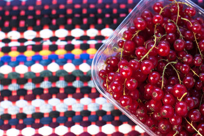 Close-up of raspberries in glass bowl