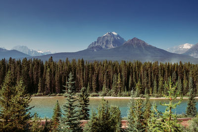 Scenic view of lake and mountains against clear blue sky