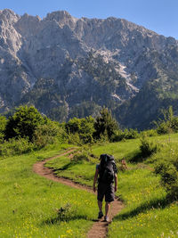 Rear view of woman walking on mountain road