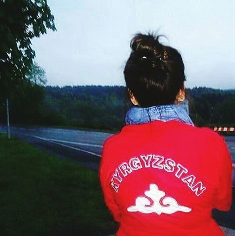 lifestyles, leisure activity, rear view, red, tree, standing, casual clothing, waist up, focus on foreground, sky, three quarter length, road, field, outdoors, person, side view, transportation, long hair