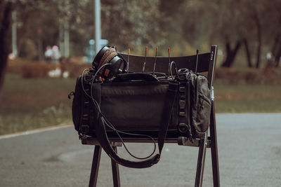 Suitcase with sound equipment on the film set. sound equipment. shooting a movie. serial production.