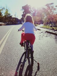 Rear view of woman riding bicycle on road