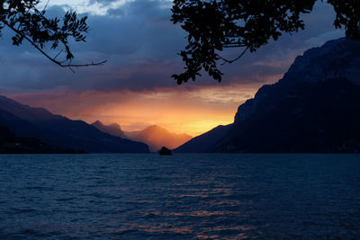 Colorful sunset at walensee in switzerland