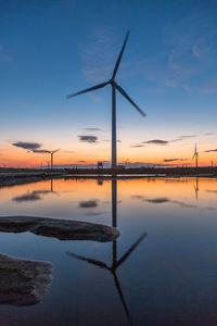 Wind turbines against sky during sunset