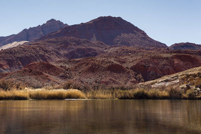 Scenic view of lake by mountains against clear sky