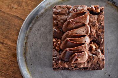 High angle view of chocolate cake on table