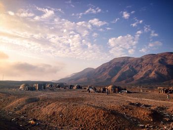 View of traditional houses against mountains