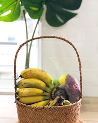Close-up of fruits in basket against wall