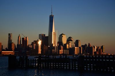 Modern buildings in city against clear sky