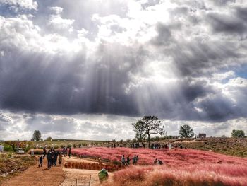 Panoramic view of people on field against sky