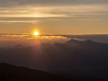 Scenic view of silhouette mountains against sky during sunset