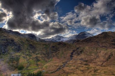 Scenic view of mountains against cloudy sky