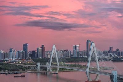 City skyline at sunset