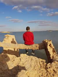 Rear view of man sitting on rock by sea against sky