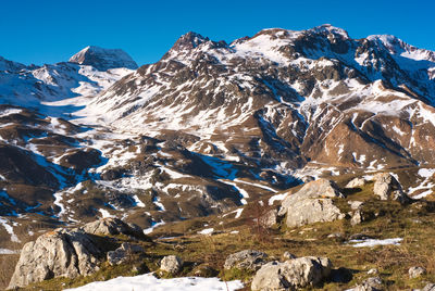 Scenic view of snow mountains against clear sky