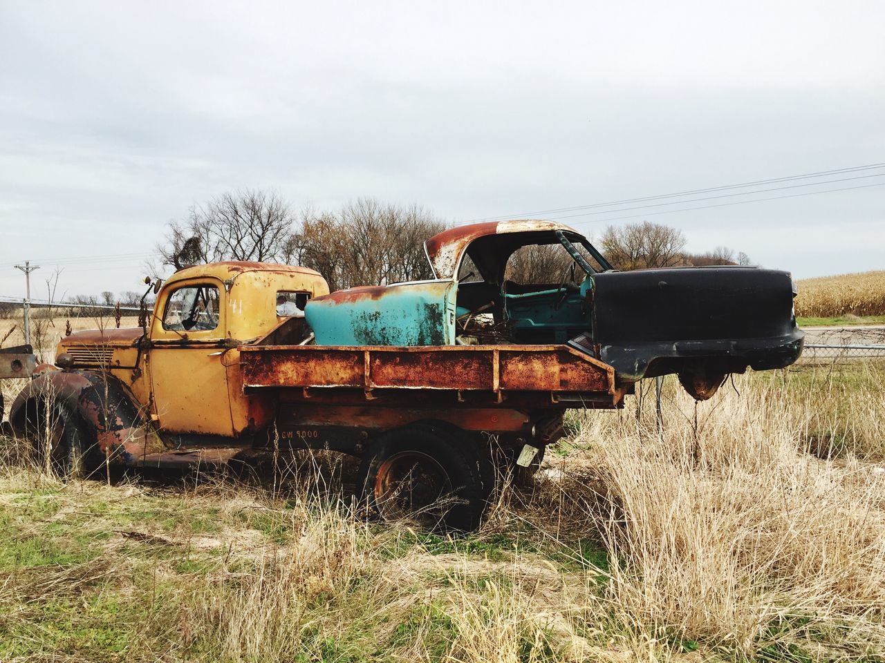 transportation, mode of transport, sky, land vehicle, field, grass, no people, day, nature, outdoors