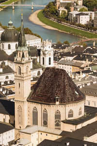 High angle view of buildings in town