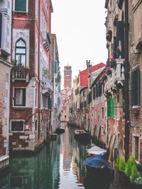 Rear view of canal amidst buildings against sky