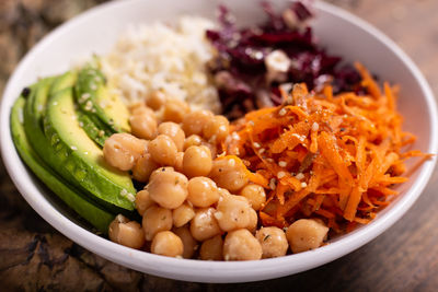 High angle view of vegan meal served in bowl on table