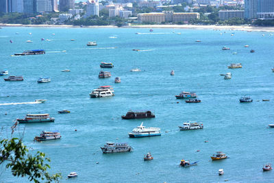 High angle view of boats in sea