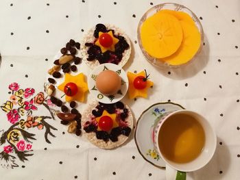 High angle view of breakfast on table