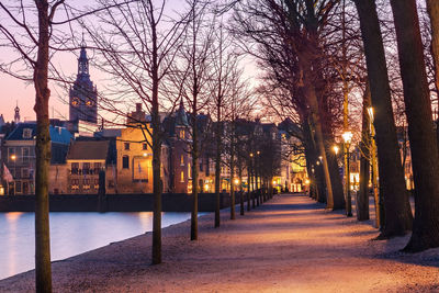 Footpath amidst bare trees and buildings against sky during winter