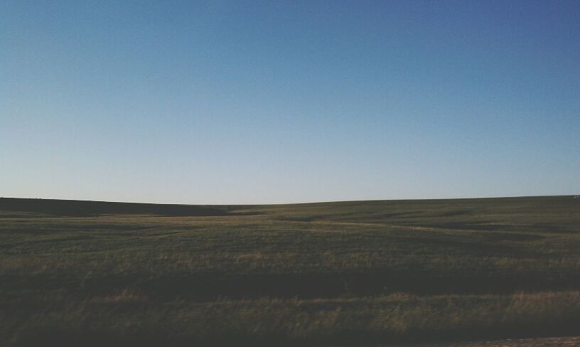 clear sky, copy space, landscape, field, tranquil scene, tranquility, scenics, beauty in nature, rural scene, nature, blue, grass, horizon over land, agriculture, growth, remote, non-urban scene, idyllic, farm, no people