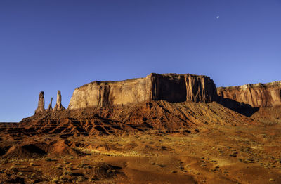 Rock formations on landscape against clear blue sky