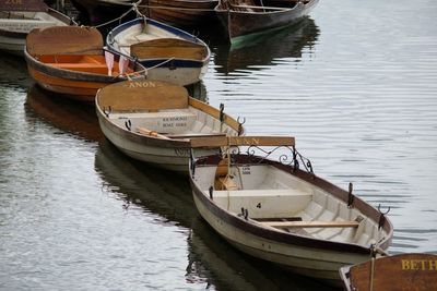 Boats anchored on lake