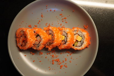 High angle view of sushi in plate on table