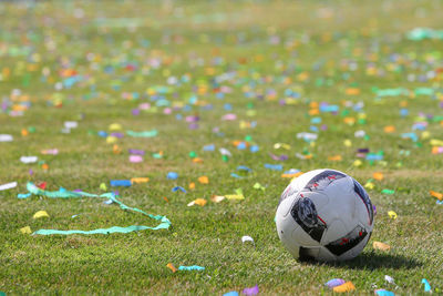 High angle view of soccer ball on field