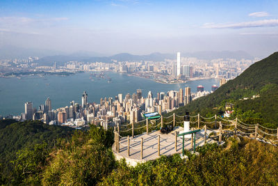 High angle view of city by sea against sky