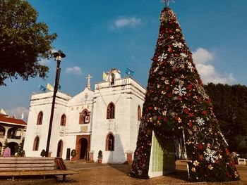 Low angle view of christmas tree by building against sky