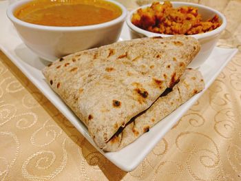 High angle view of serving food in plate