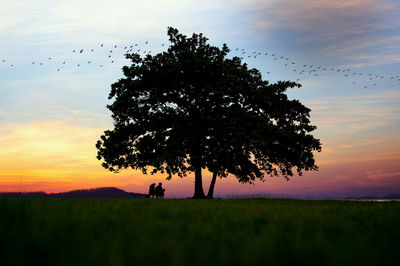 Silhouette people standing on field against sky during sunset