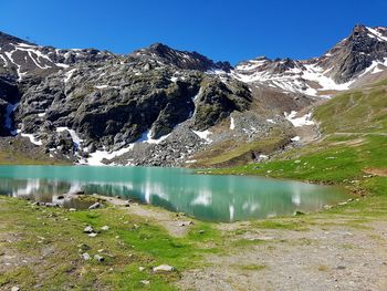 Scenic view of lake by mountains against clear blue sky