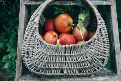 Close-up of apples in wicker basket