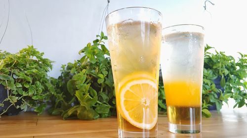 Close-up of drink in glasses on table