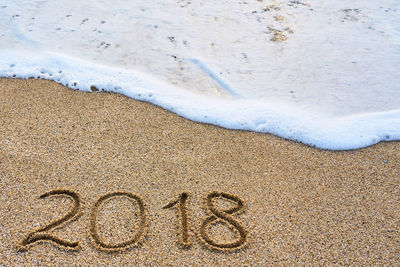 High angle view of text on beach