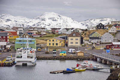 Icelandic town, harbour and mountains