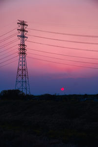 Silhouette electricity pylon on field against sky during sunset