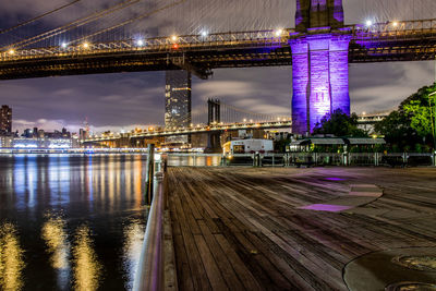 Illuminated bridge over river at night