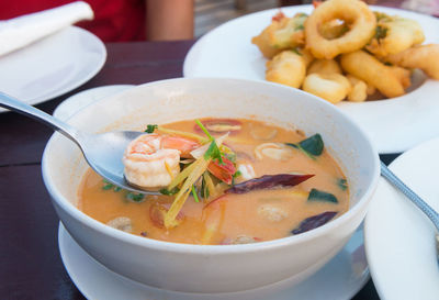 High angle view of soup in bowl on table