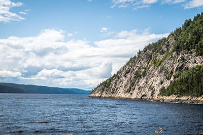 Scenic view of sea by mountains against sky