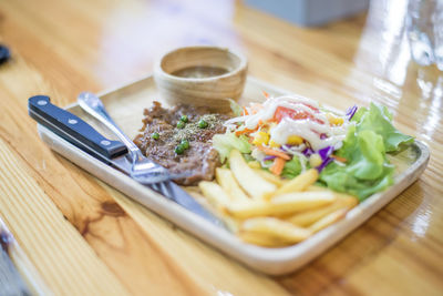 High angle view of food in plate on table
