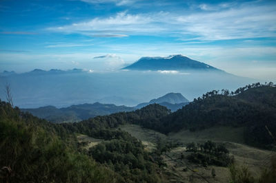 Scenic view of landscape and mountains against sky
