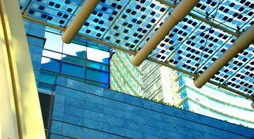 Low angle view of modern building against clear blue sky