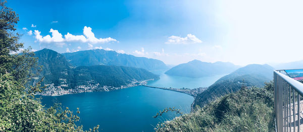 Panoramic view of sea and mountains against sky